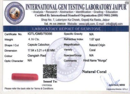 Red Coral (Moonga) Gemstone - 4.16 Carats