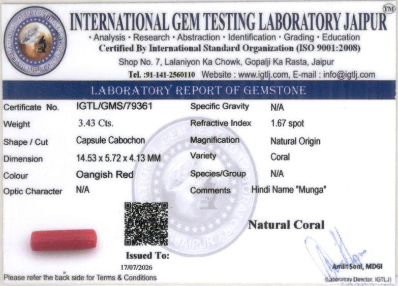 Red Coral (Moonga) Gemstone - 3.43 Carats