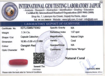 Red Coral (Moonga) Gemstone - 5.36 Carats