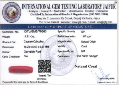 Red Coral (Moonga) Gemstone - 5.31 Carats