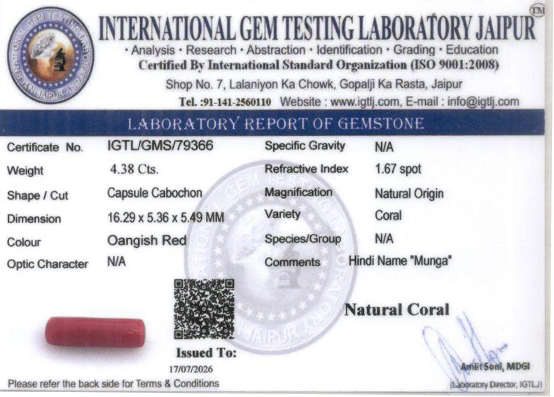 Red Coral (Moonga) Gemstone - 4.38 Carats