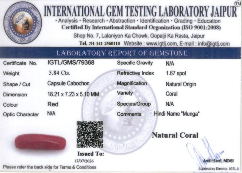 Red Coral (Moonga) Gemstone - 5.84 Carats