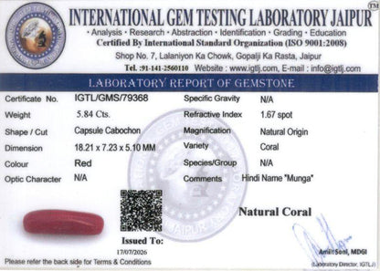 Red Coral (Moonga) Gemstone - 5.84 Carats