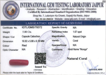 Red Coral (Moonga) Gemstone - 5.80 Carats