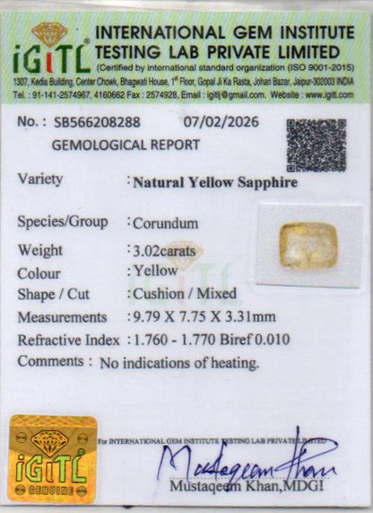 Yellow Sapphire (Pukhraj) - 3.02 Carats
