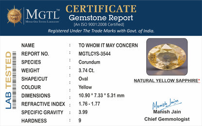 Yellow Sapphire (Pukhraj) - 3.74 Carats