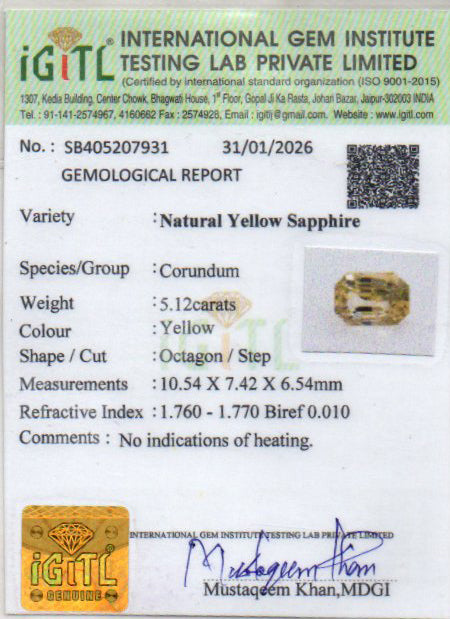Yellow Sapphire (Pukhraj) - 5.12 Carats