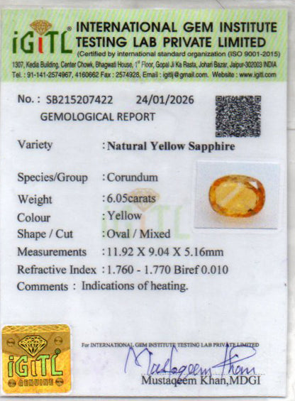Yellow Sapphire (Pukhraj) - 6.05 Carats