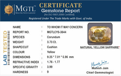 Yellow Sapphire (Pukhraj) - 3.73 Carats