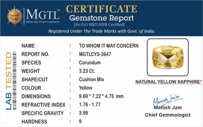 Yellow Sapphire (Pukhraj) - 3.25 Carats