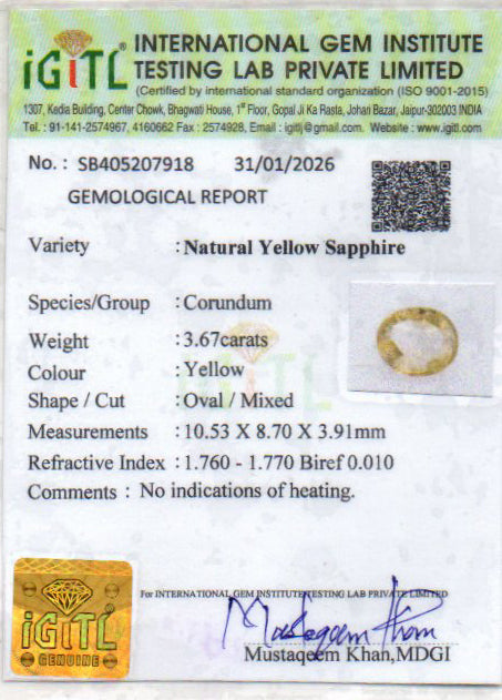 Yellow Sapphire (Pukhraj) - 3.67 Carats