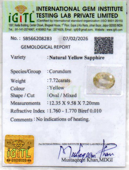 Yellow Sapphire (Pukhraj) - 7.72 Carats