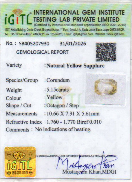 Yellow Sapphire (Pukhraj) - 5.15 Carats