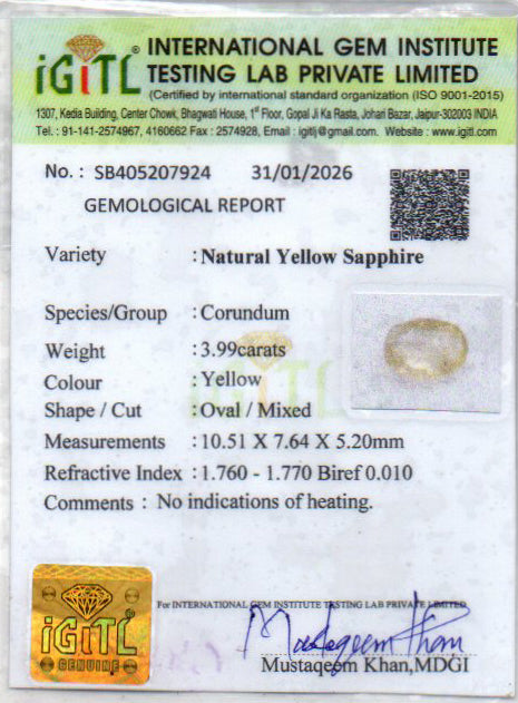 Yellow Sapphire (Pukhraj) - 3.99 Carats