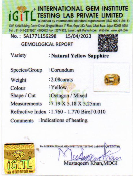 Yellow Sapphire (Pukhraj) - 2.08 Carats