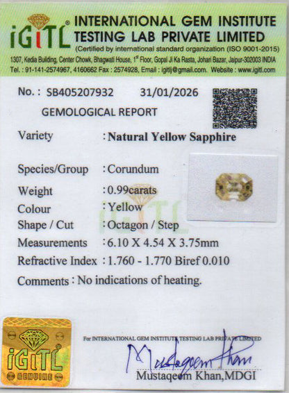 Yellow Sapphire (Pukhraj) - 0.99 Carats