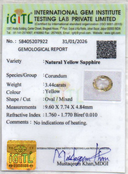Yellow Sapphire (Pukhraj) - 3.44 Carats