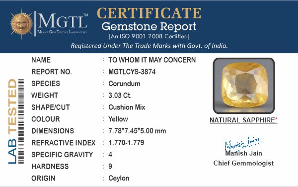 Yellow Sapphire (Pukhraj) - 3.03 Carats