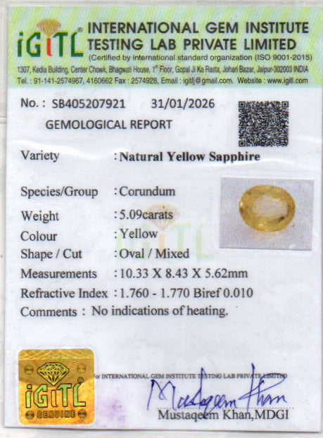 Yellow Sapphire (Pukhraj) - 5.09 Carats
