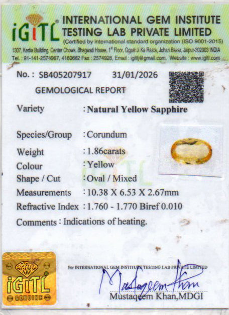 Yellow Sapphire (Pukhraj) - 1.86 Carats