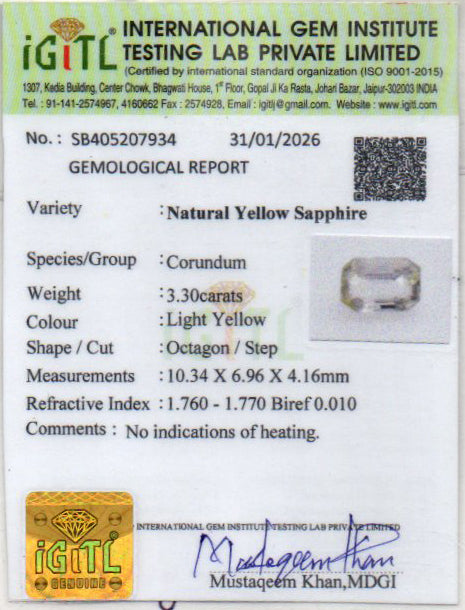 Yellow Sapphire (Pukhraj) - 3.30 Carats
