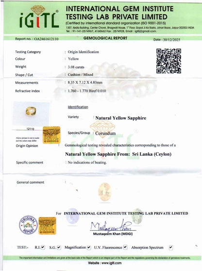Yellow Sapphire (Pukhraj) Gemstone - 3.08 Carats