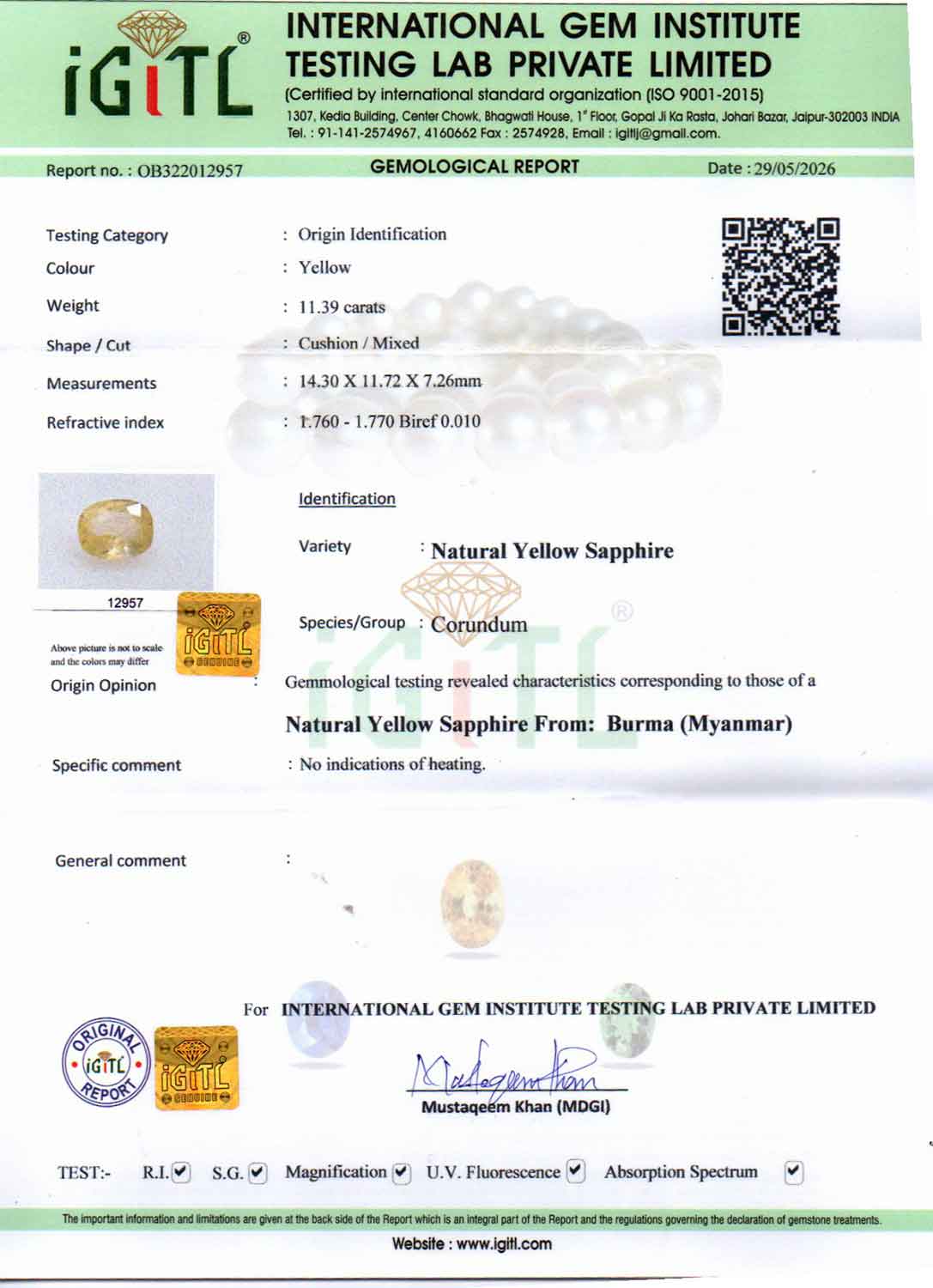 Yellow Sapphire (Pukhraj) Gemstone - 11.39 Carats