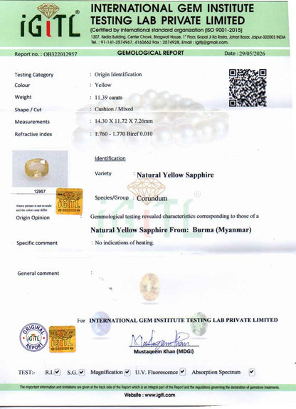 Yellow Sapphire (Pukhraj) Gemstone - 11.39 Carats