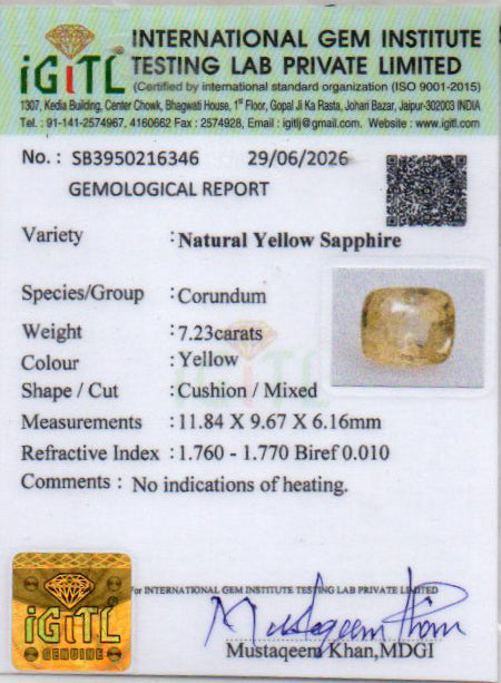 Yellow Sapphire (Pukhraj) Gemstone - 7.23 Carats