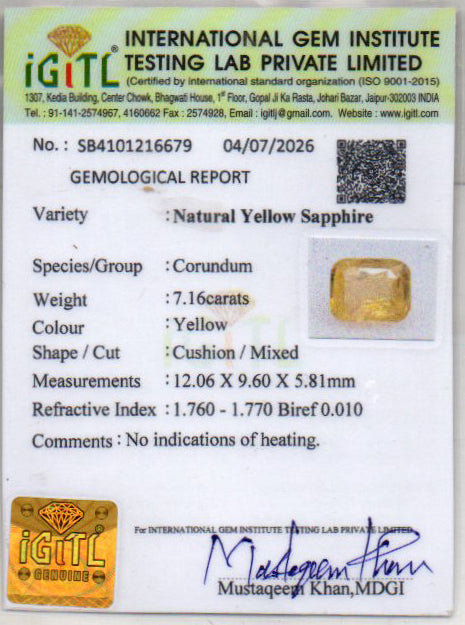 Yellow Sapphire (Pukhraj) Gemstone - 7.16 Carats