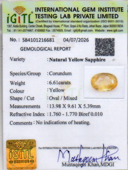 Yellow Sapphire (Pukhraj) Gemstone - 6.61 Carats