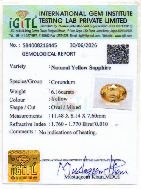 Yellow Sapphire (Pukhraj) Gemstone - 6.16 Carats