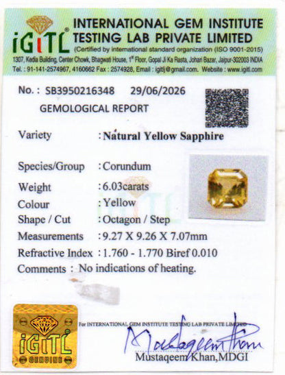 Yellow Sapphire (Pukhraj) Gemstone - 6.03 Carats