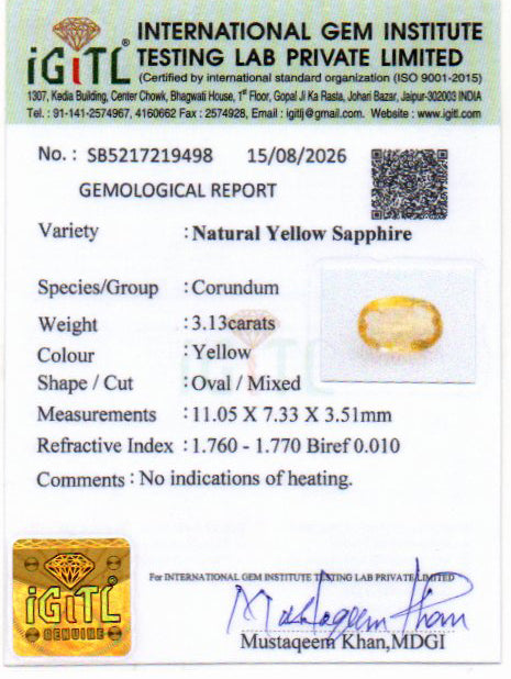 Yellow Sapphire (Pukhraj) Gemstone - 3.13 Carats