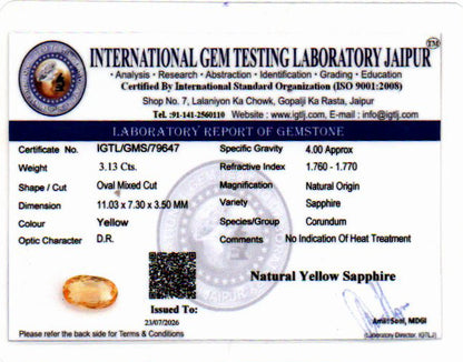 Yellow Sapphire (Pukhraj) Gemstone - 3.13 Carats