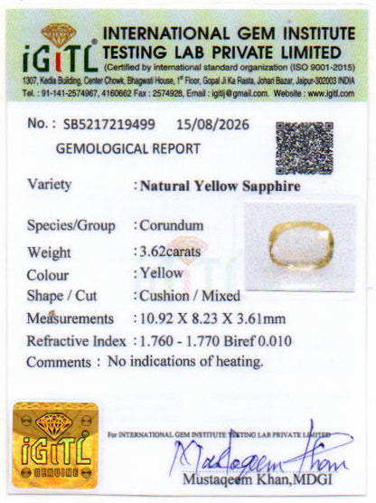 Yellow Sapphire (Pukhraj) Gemstone - 3.62 Carats