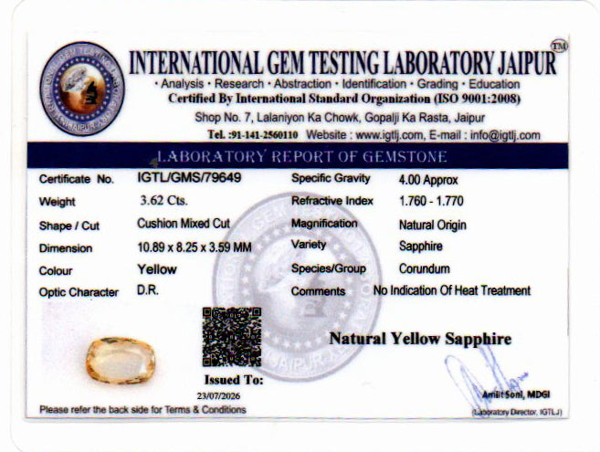 Yellow Sapphire (Pukhraj) Gemstone - 3.62 Carats