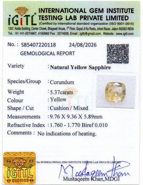 Yellow Sapphire (Pukhraj) Gemstone - 5.37 Carats