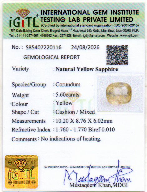 Yellow Sapphire (Pukhraj) Gemstone - 5.6 Carats