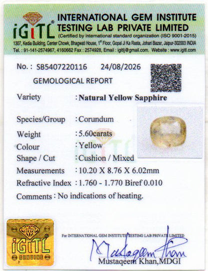 Yellow Sapphire (Pukhraj) Gemstone - 5.6 Carats