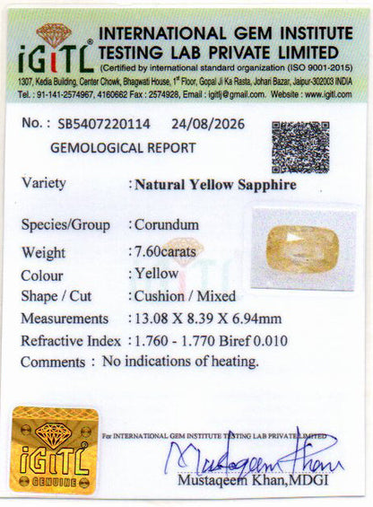 Yellow Sapphire (Pukhraj) Gemstone - 7.6 Carats