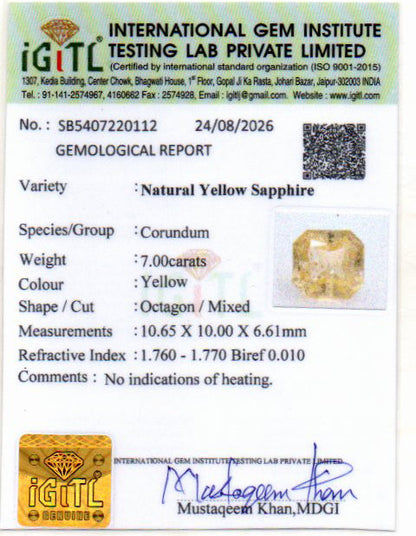 Yellow Sapphire (Pukhraj) Gemstone - 7.0 Carats