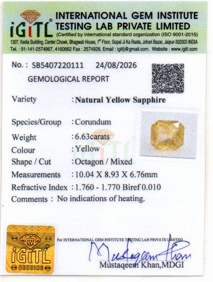 Yellow Sapphire (Pukhraj) Gemstone - 6.63 Carats