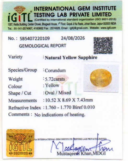 Yellow Sapphire (Pukhraj) Gemstone - 5.72 Carats