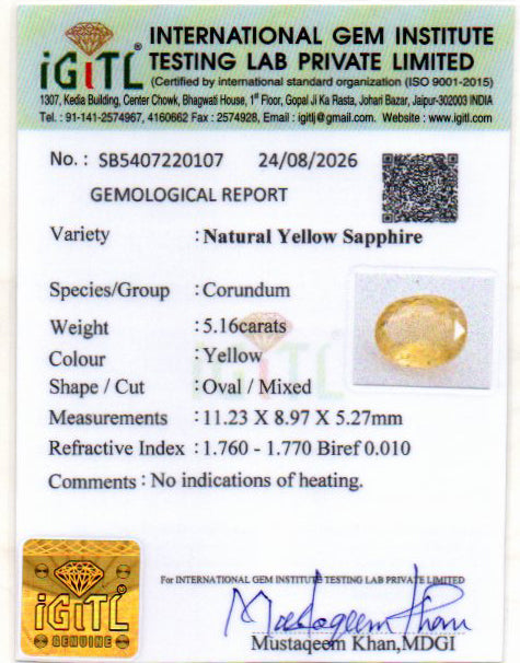 Yellow Sapphire (Pukhraj) Gemstone - 5.16 Carats