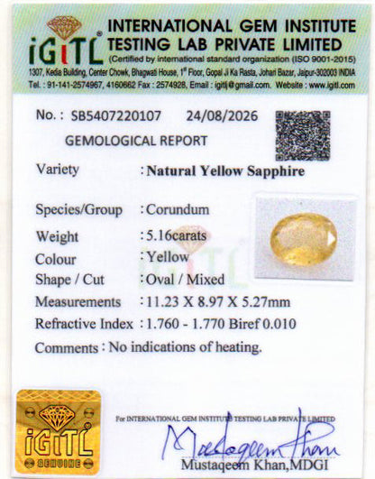 Yellow Sapphire (Pukhraj) Gemstone - 5.16 Carats