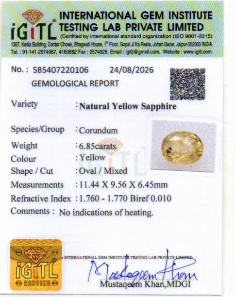 Yellow Sapphire (Pukhraj) Gemstone - 6.85 Carats