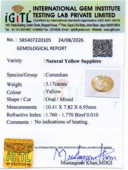 Yellow Sapphire (Pukhraj) Gemstone - 5.17 Carats
