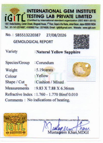 Yellow Sapphire (Pukhraj) Gemstone - 5.19 Carats
