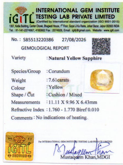 Yellow Sapphire (Pukhraj) Gemstone - 7.61 Carats